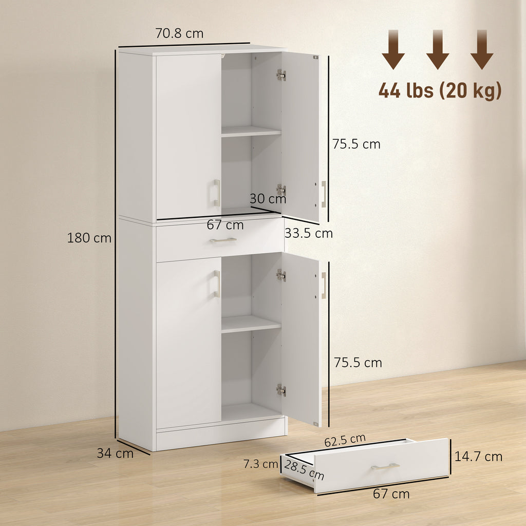 Tall Kitchen Sideboard with 2 Cabinets and a Central Drawer, Adjustable Shelves and 4 Doors in Total, White