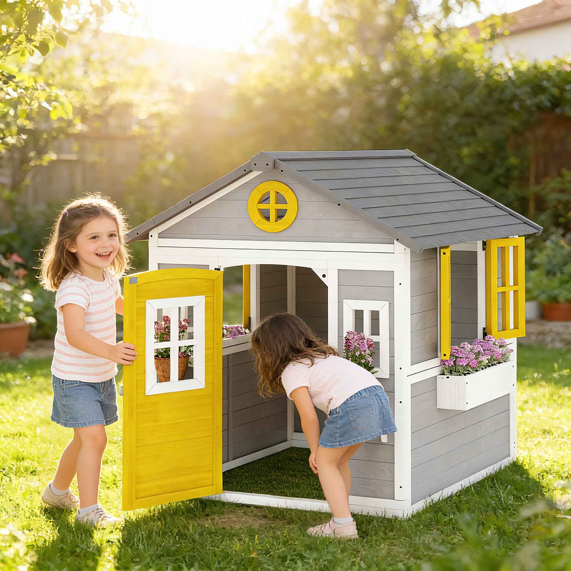 Outsunny Wooden Garden Playhouse for Children Ages 3-8 with Windows, Sloped Roof, Pots and Planters, Grey