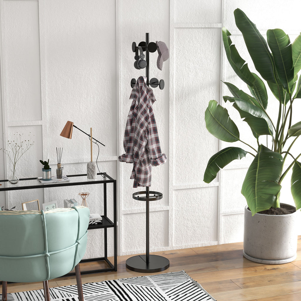 HOMCOM Floor Coat Hanger with Umbrella Holder and 8 Metal Disc Hooks Ø34 x 177cm, Black - Borgè