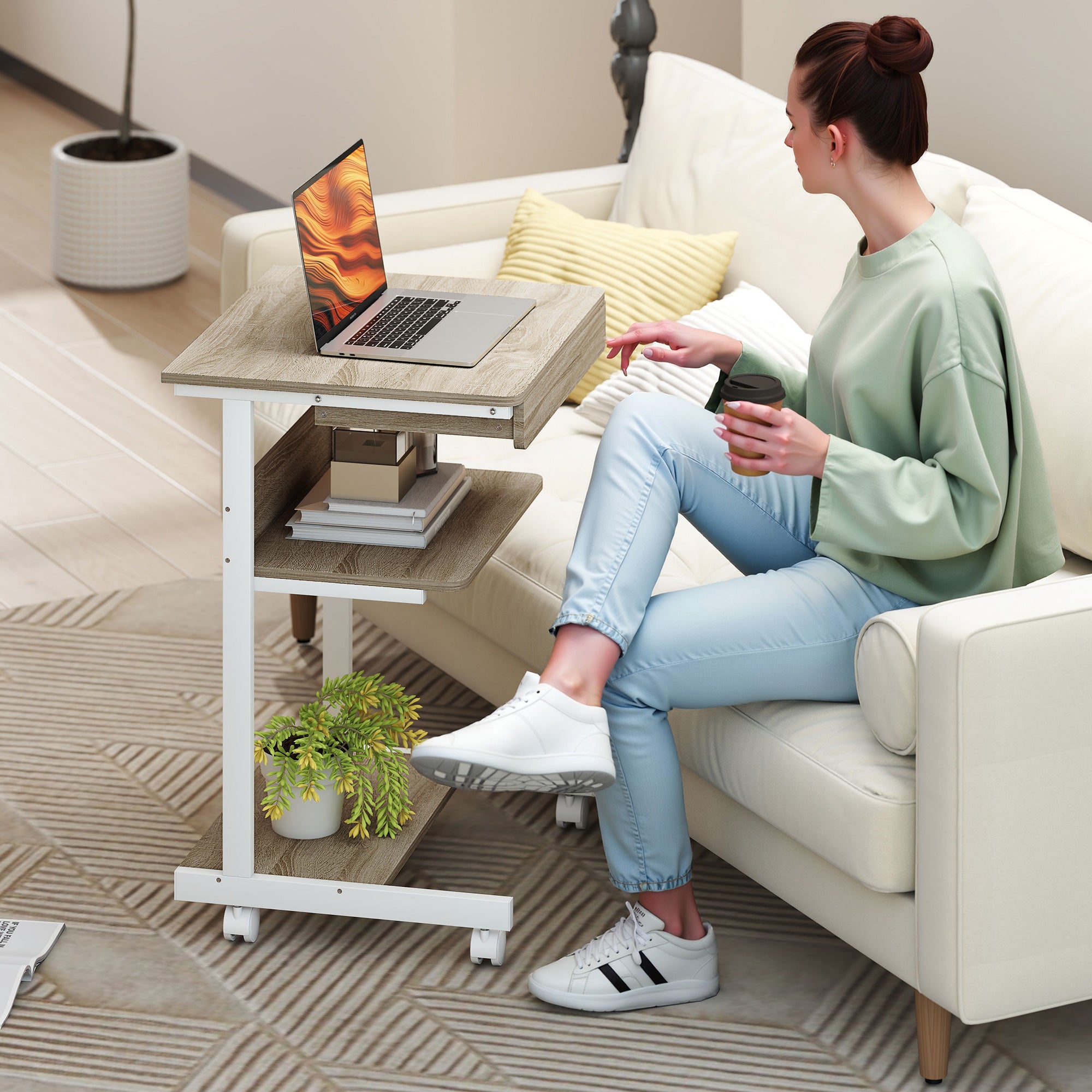 PC Desk with Sliding Drawer, 2 Shelves and 4 Wheels, in Wood and Metal, 56x51x79 cm, White and Oak