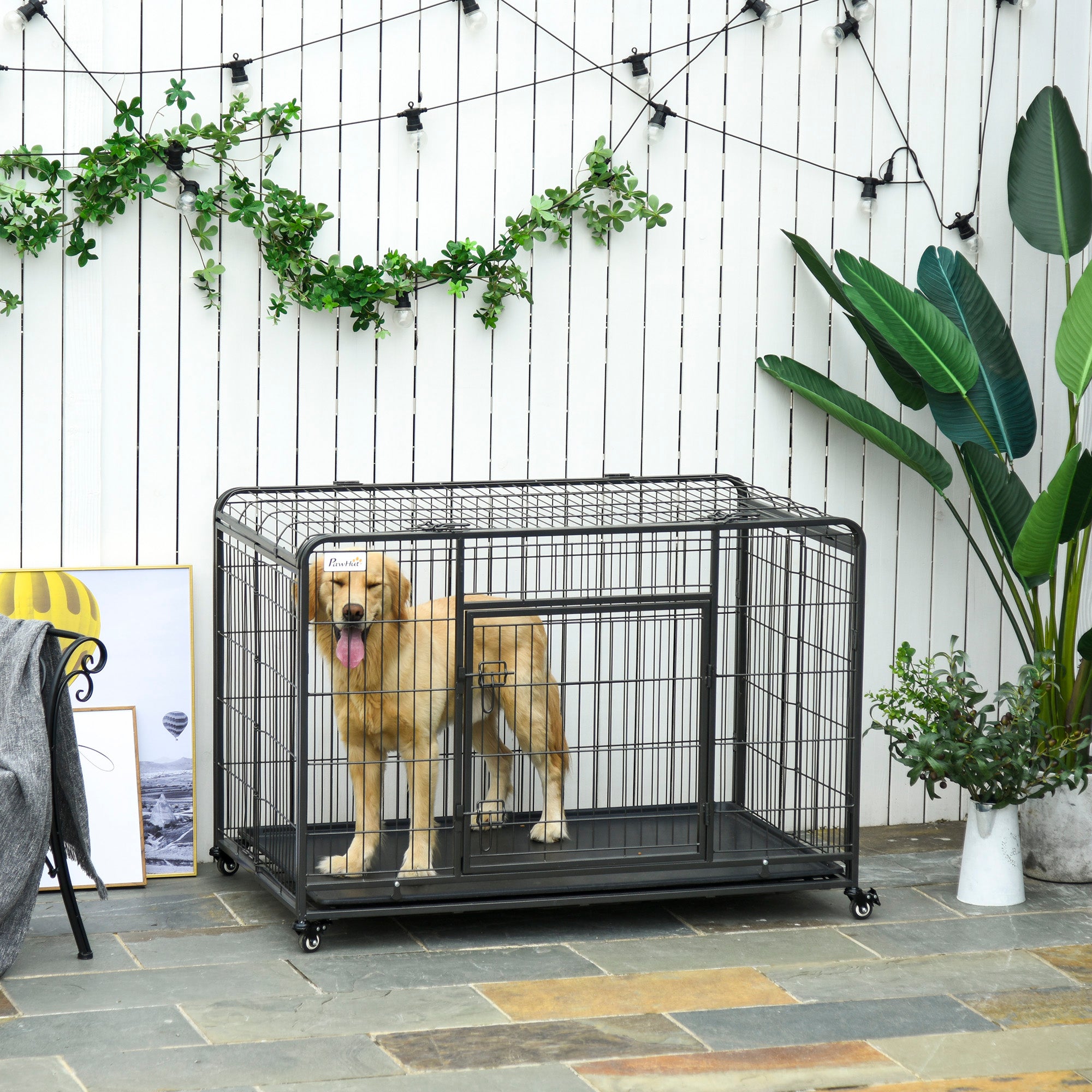 Kennel Folding Dog Cage Double Door with Lock 4 Wheels with Brake and Removable Bottom, 125x76x81cm