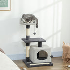 Cat Tree, 85 cm Tall, with House, Bed, Posts and Scratching Mat, Grey