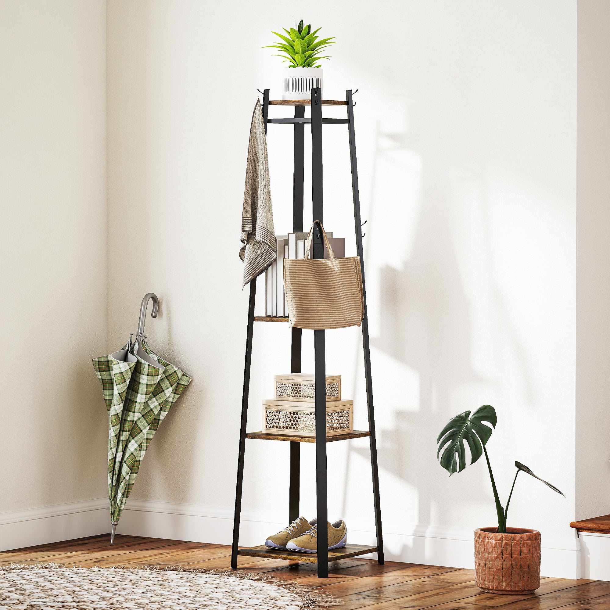 Coat Rack with 8 Hooks, 3 Shelves and Top Shelf, 34x34x170 cm, Brown