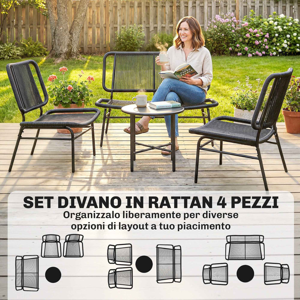Outsunny 4-Piece Rattan Garden Furniture Set, Outdoor Sofa with Metal Coffee Table, Black