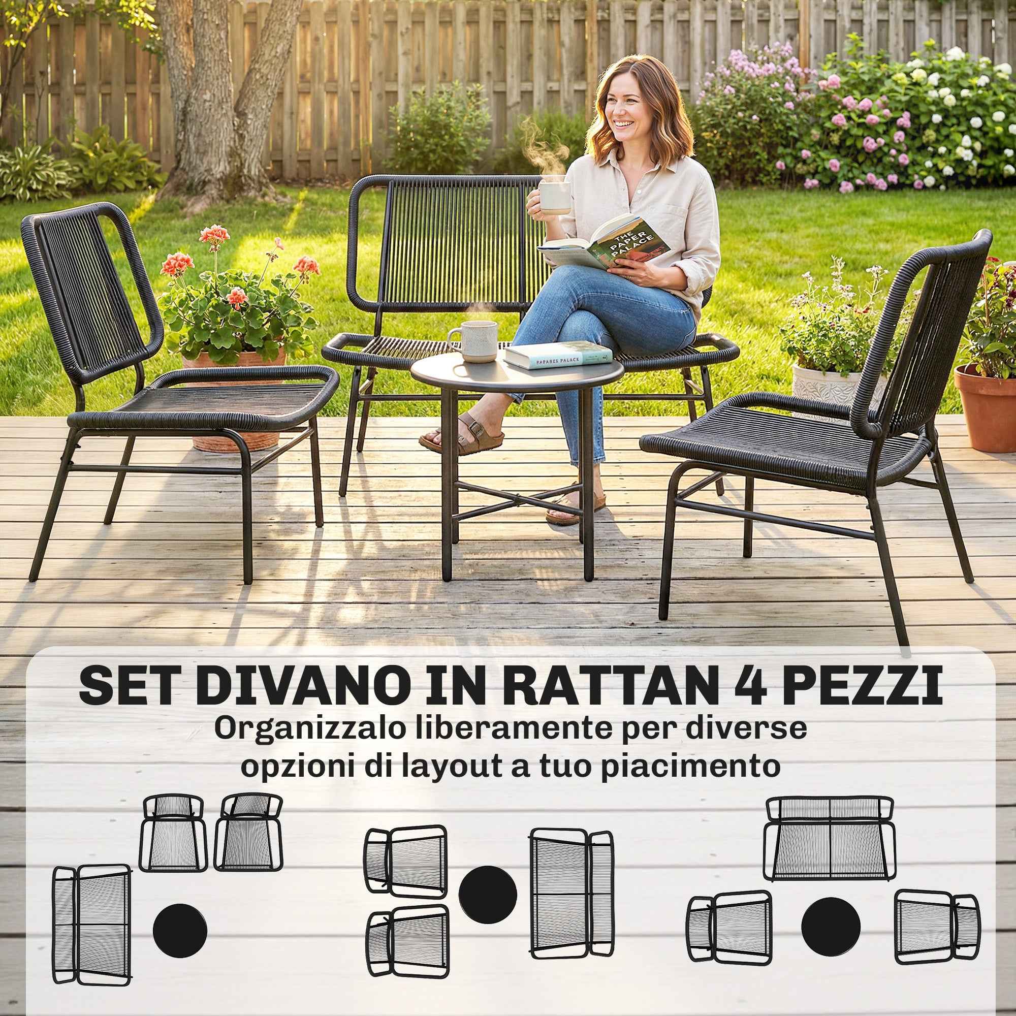 Outsunny 4-Piece Rattan Garden Furniture Set, Outdoor Sofa with Metal Coffee Table, Black