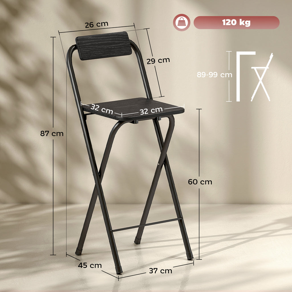 Set of 2 Folding Bar Stools with Footrest, Wood and Steel, 37x45x87 cm, Black