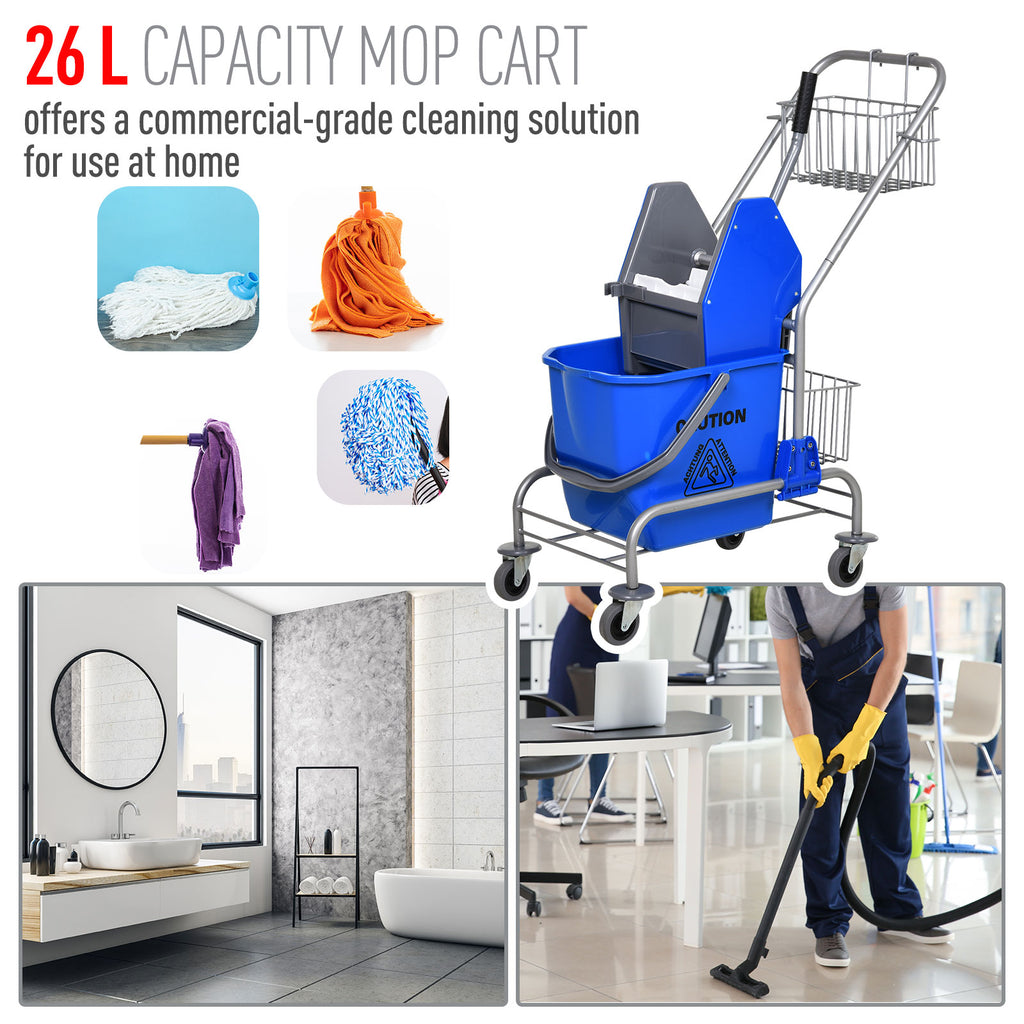 Professional Cleaning Trolley with 26L Bucket for Mop, Wringer and Mesh Baskets, Blue