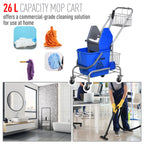 Professional Cleaning Trolley with 26L Bucket for Mop, Wringer and Mesh Baskets, Blue