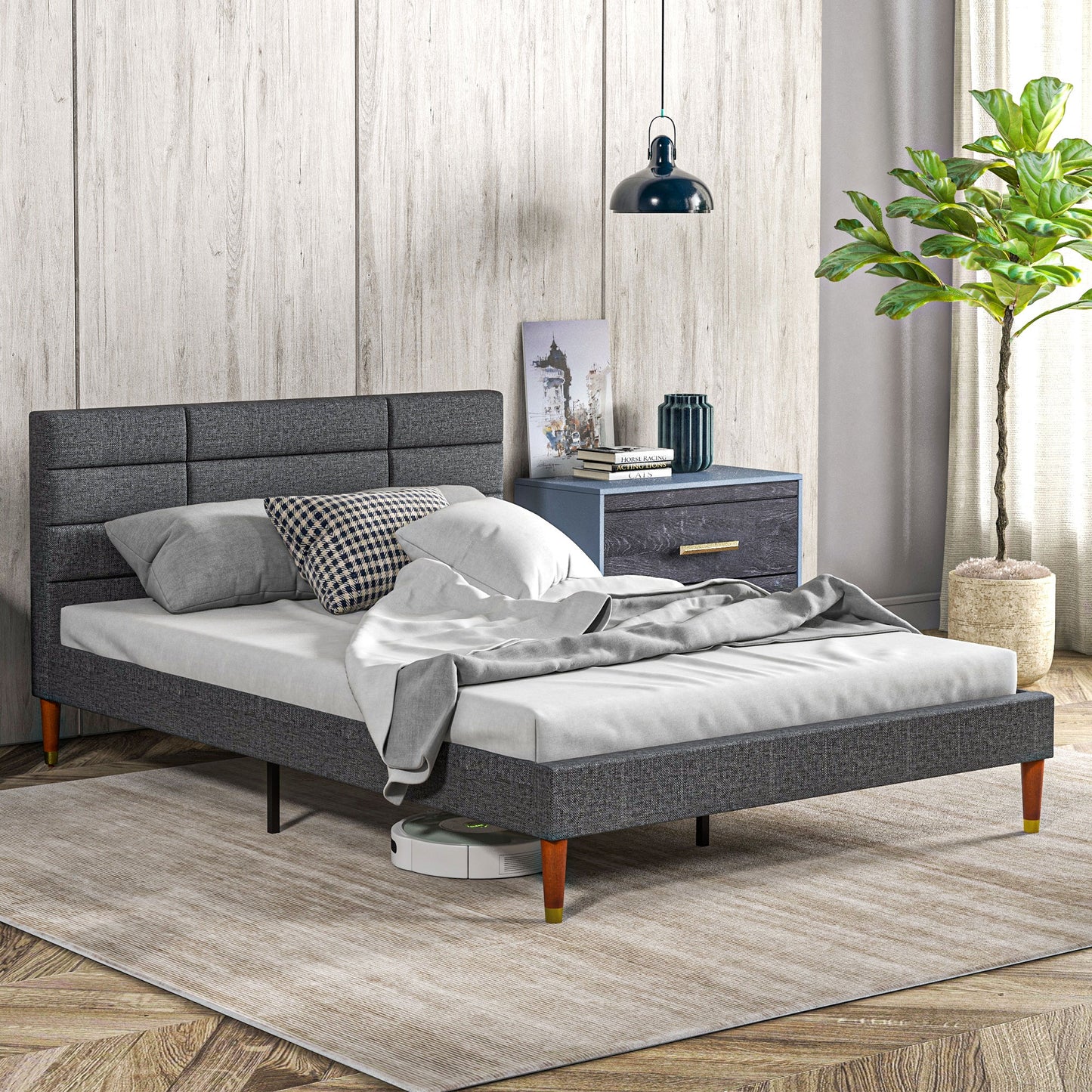 Bed Frame with Headboard, Footboard and Storage Space, in Linen Effect Fabric, 141x207x88 cm, Gray