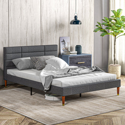 Bed Frame with Headboard, Footboard and Storage Space, in Linen Effect Fabric, 141x207x88 cm, Gray