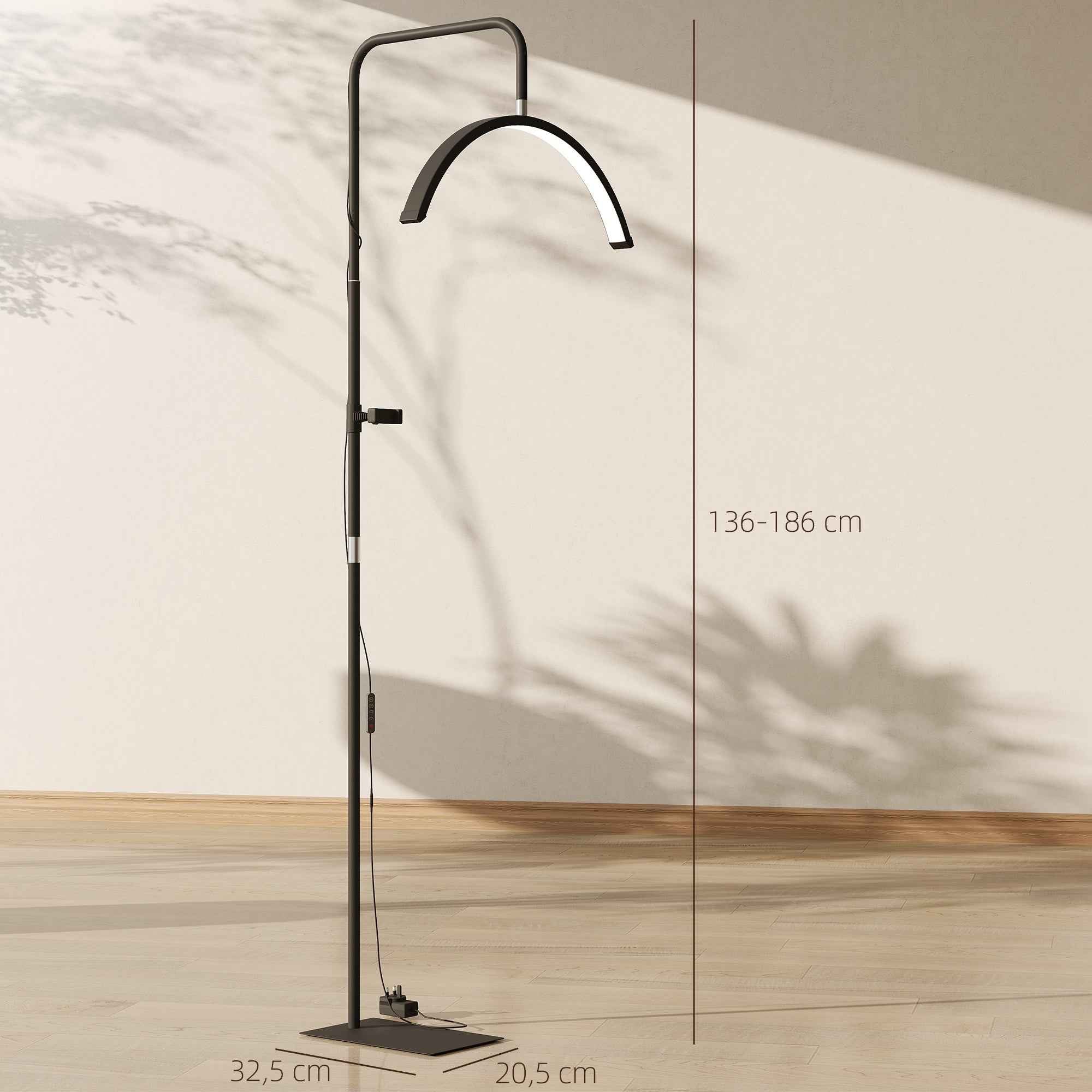 HOMCOM LED Floor Lamp with Half-Moon Head, Adjustable Height and Color Temperature, Remote Control, Black