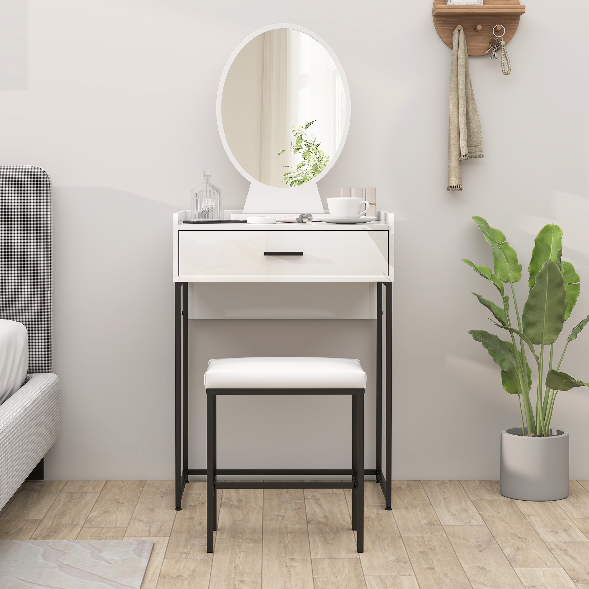 Dressing Table Set with Makeup Mirror, Drawer and Padded Stool, White