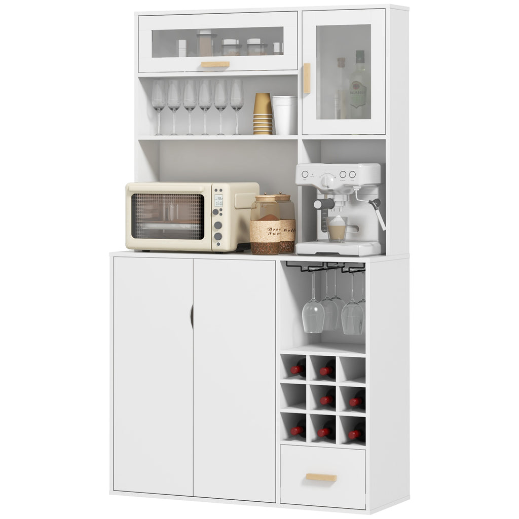 Mobile Pantry with Bottle Holder, Cabinets, Shelves and Drawer, in Chipboard and Wood, 100x38x172 cm, White