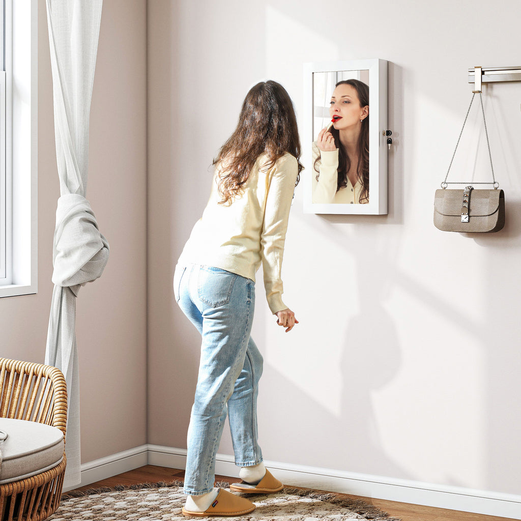Wall-Mounted Mirrored Jewelry Cabinet with 2 Security Keys, Wooden, 36.5 x 9.5 x 67 cm, White