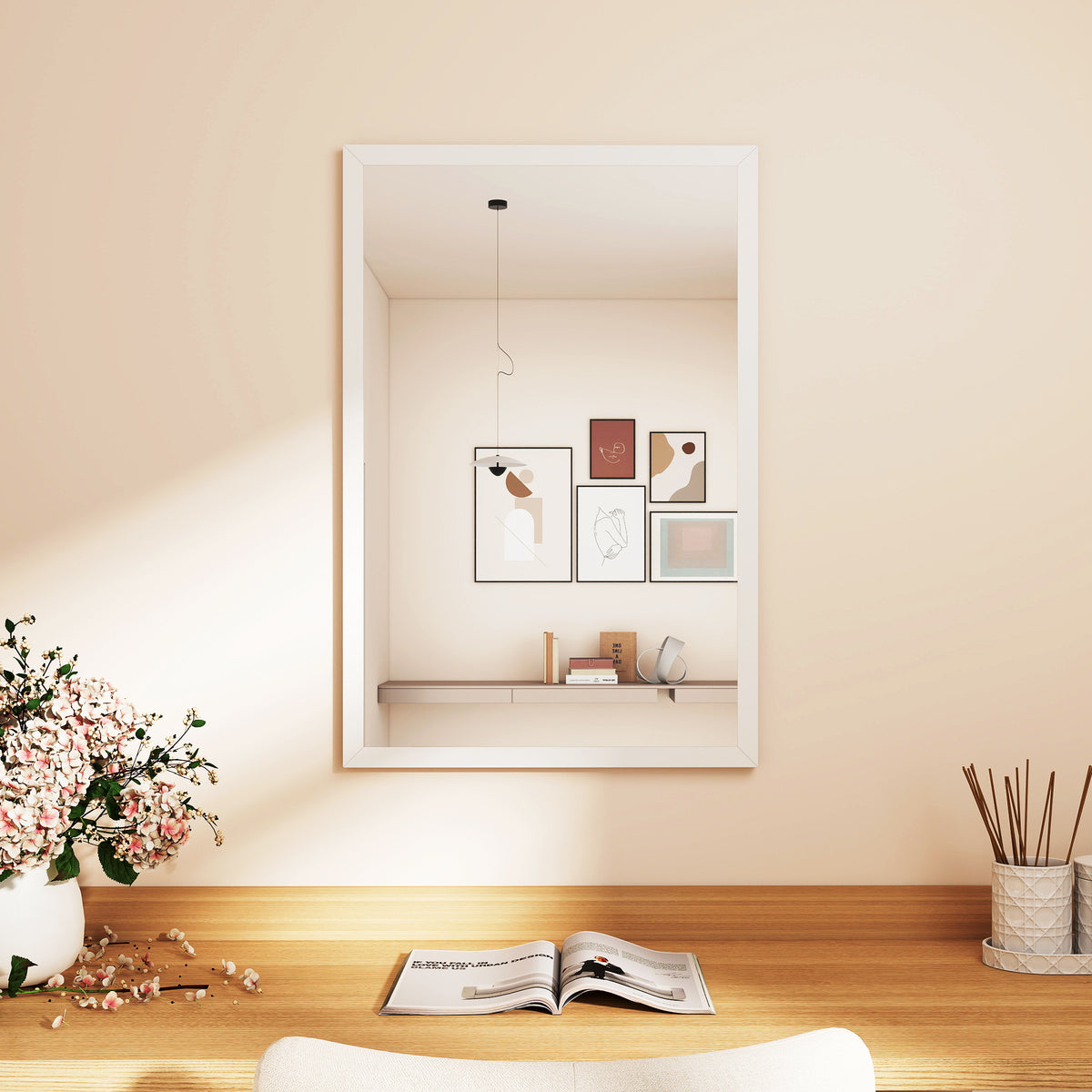 HOMCOM Rectangular Wall Mirror with Hooks, Glass and MDF Wall Mirror, 40x60 cm, White