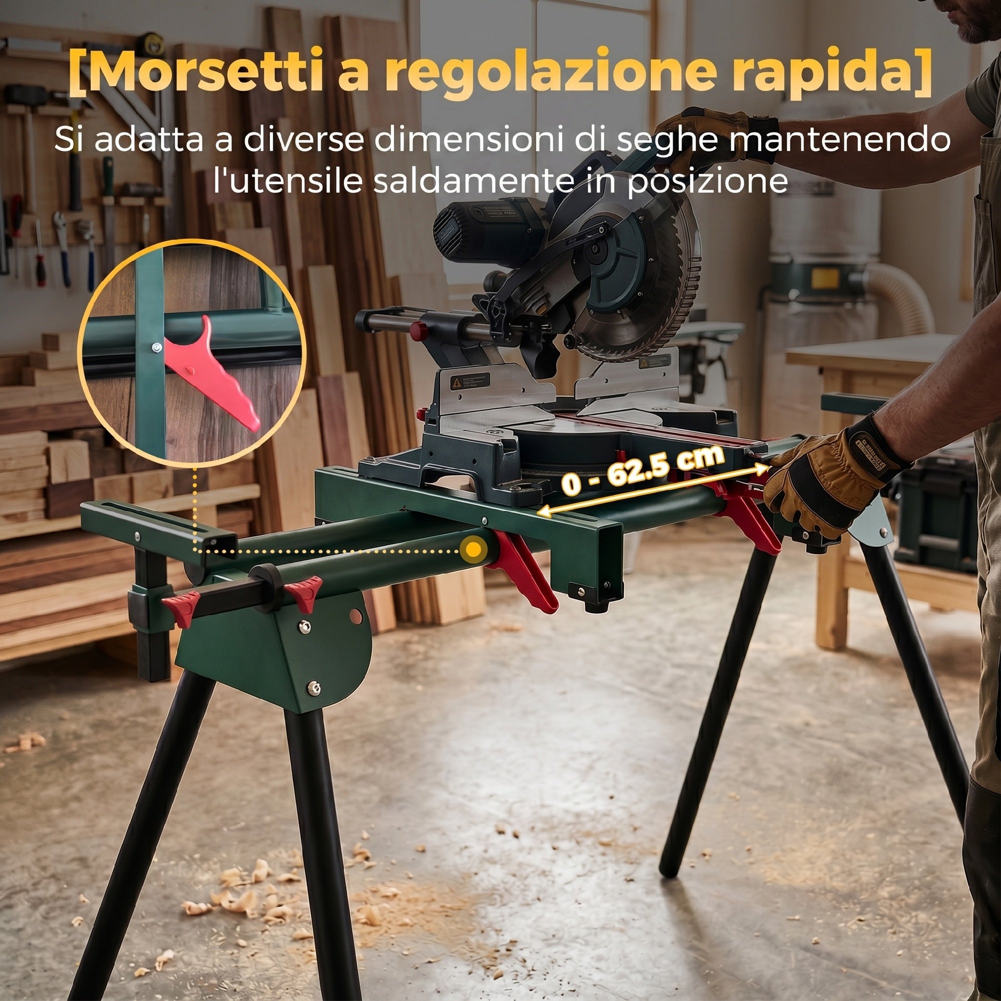 HOMCOM Mitre Saw Stand with Adjustable Arms, Folding Legs, Adjustable Height, 150 kg Capacity, Green