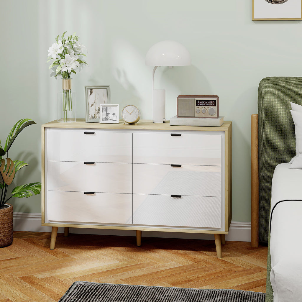 6-Drawer Wooden Chest of Drawers for Bedroom, 110x40x75 cm, Gloss White and Oak