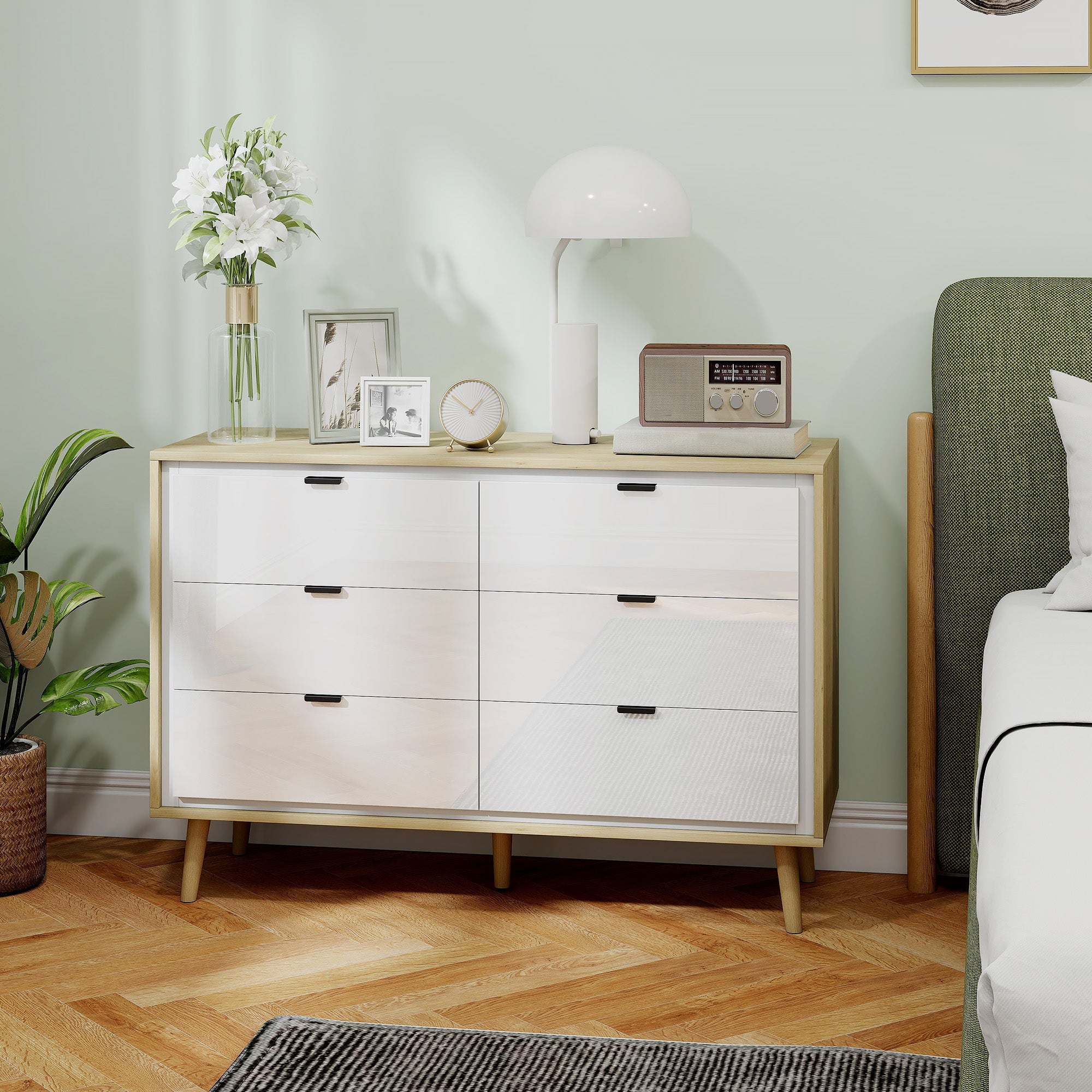 6-Drawer Wooden Chest of Drawers for Bedroom, 110x40x75 cm, Gloss White and Oak