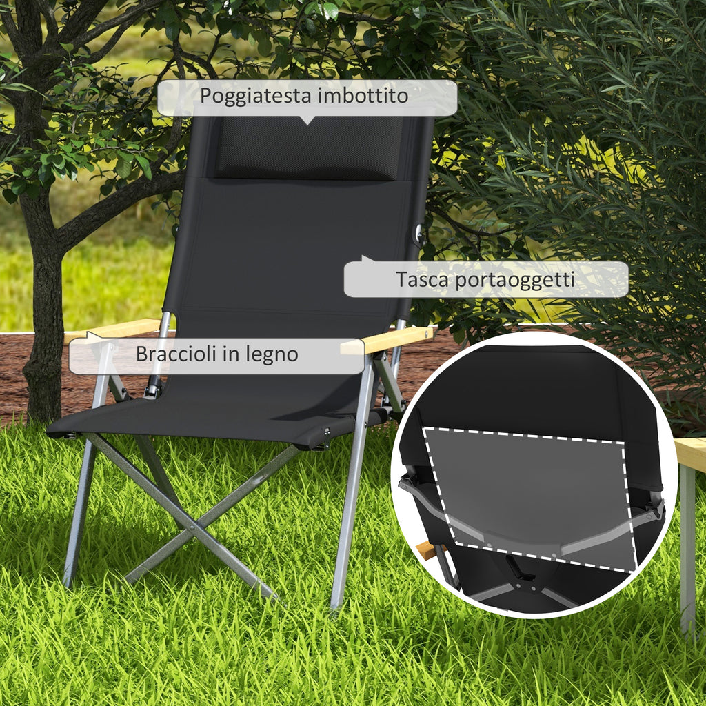 Folding Camping Chair with Adjustable Backrest, Aluminum and Polyester 74x59.5x98 cm, Black