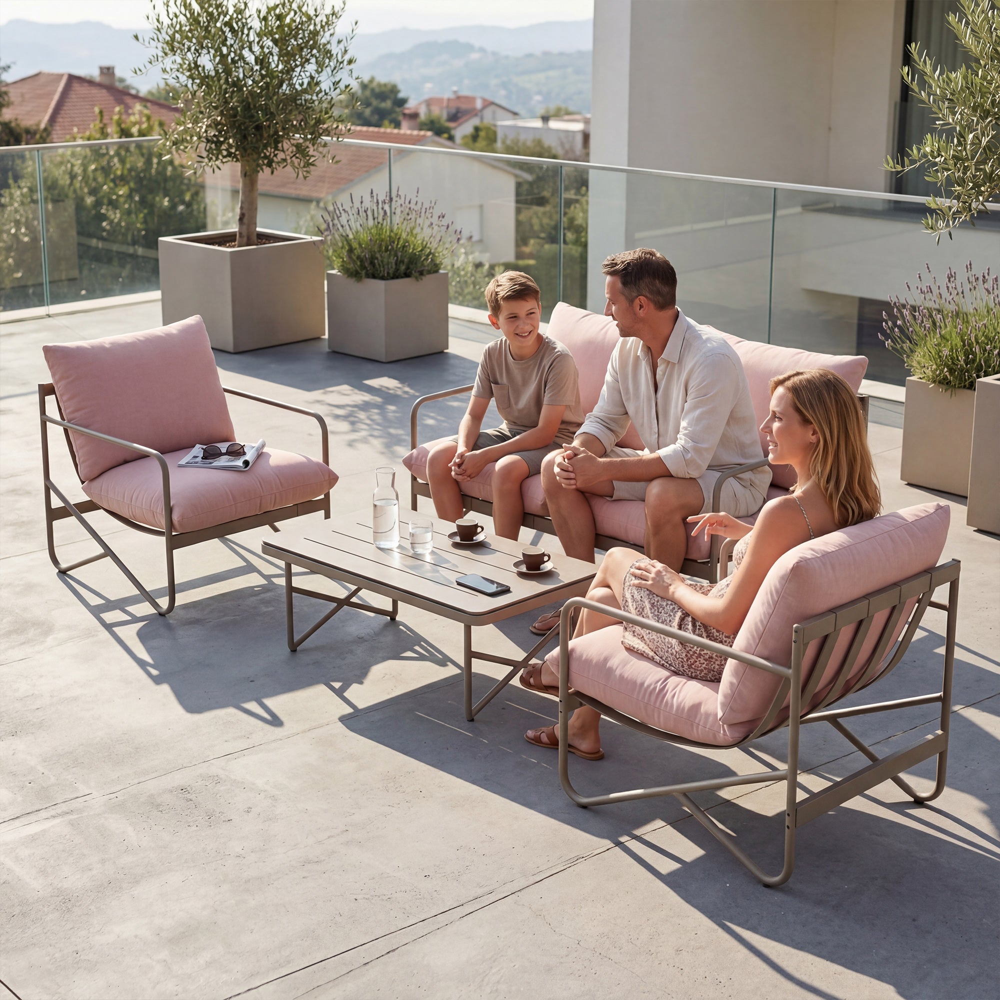 Outsunny 4-Person Garden Set: Sofa, Armchairs, Table, Metal, Pink