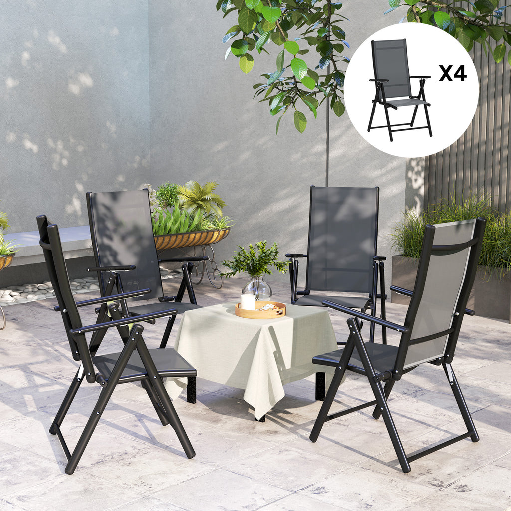 Set of 4 Folding and Breathable Garden Chairs with Armrests, in Steel and Polyester, 56x69x106 cm, Grey