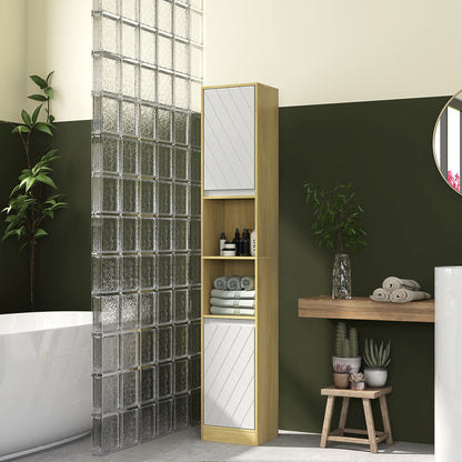 Space-Saving Bathroom Column Cabinet in Wood with 2 Cabinets and Shelves, 30x24x170 cm, Oak and White