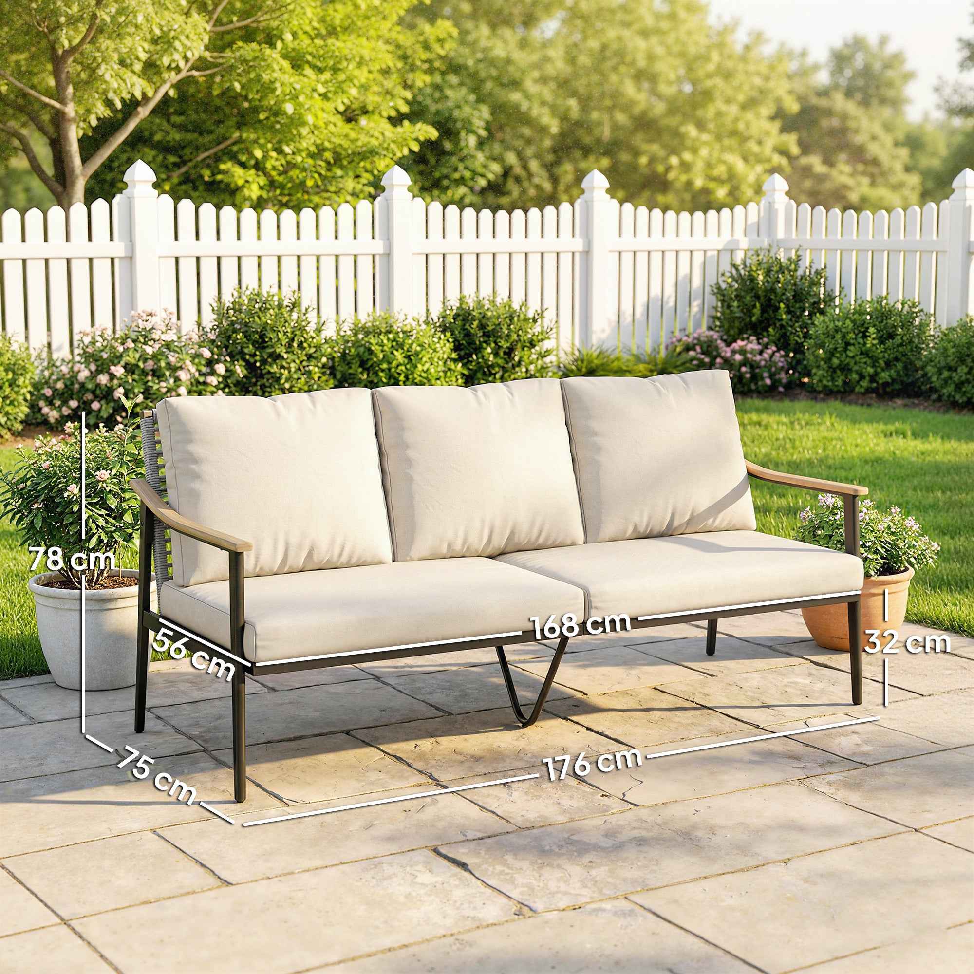 Outsunny 3-Seater Rattan Outdoor Sofa with Wood-Effect Armrests and Backrest, for Porch, Patio, Khaki