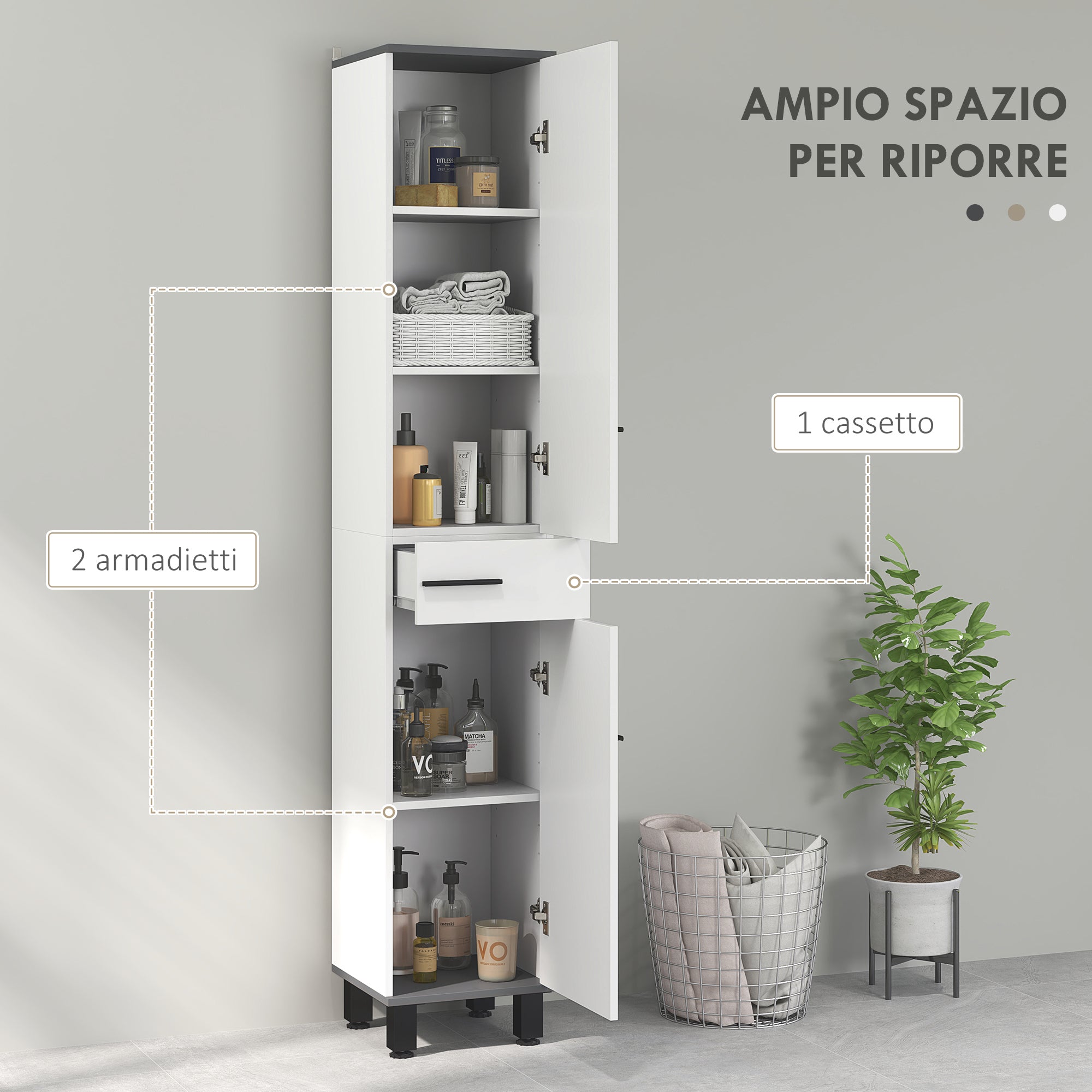 Bathroom Column Cabinet with 2 Cabinets with Adjustable Shelves and Drawer, 34x32x190 cm, White