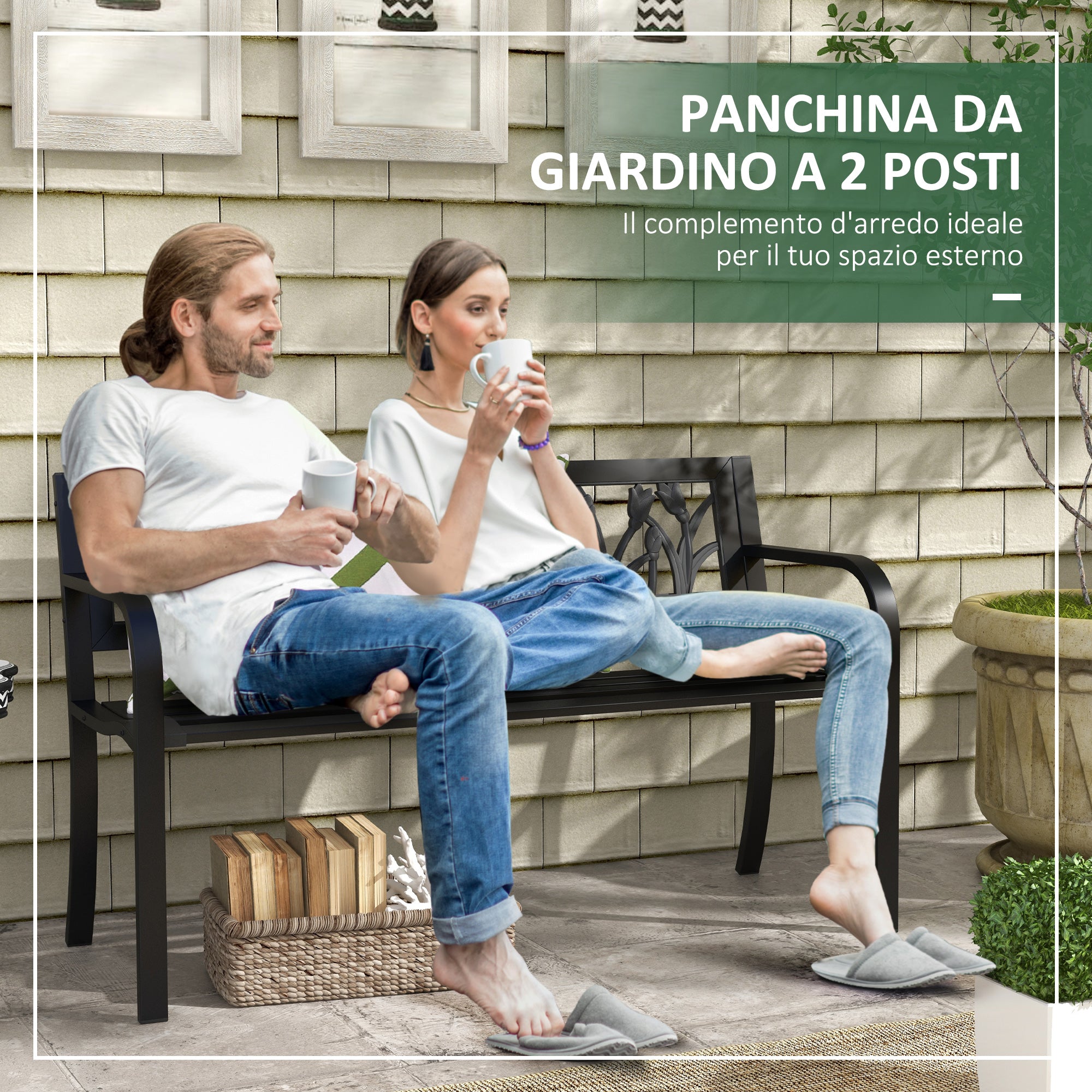 Outsunny 2 -seater garden bench with decorated back and armrests, 125x50x75cm, black - Borgè