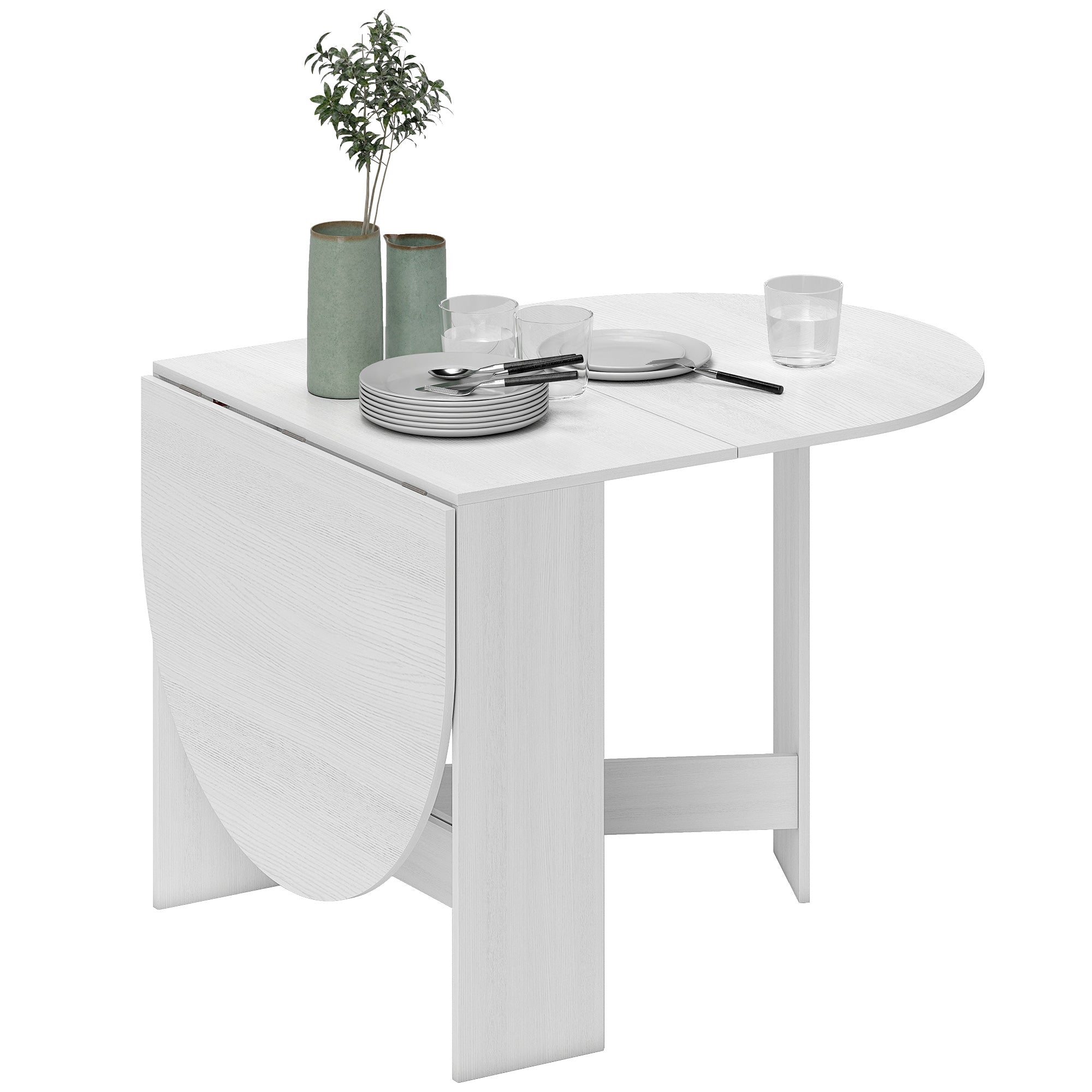 Folding Table for 6 People with 2 Oval Wooden Drop-Leafs, 163x80x75 cm, White