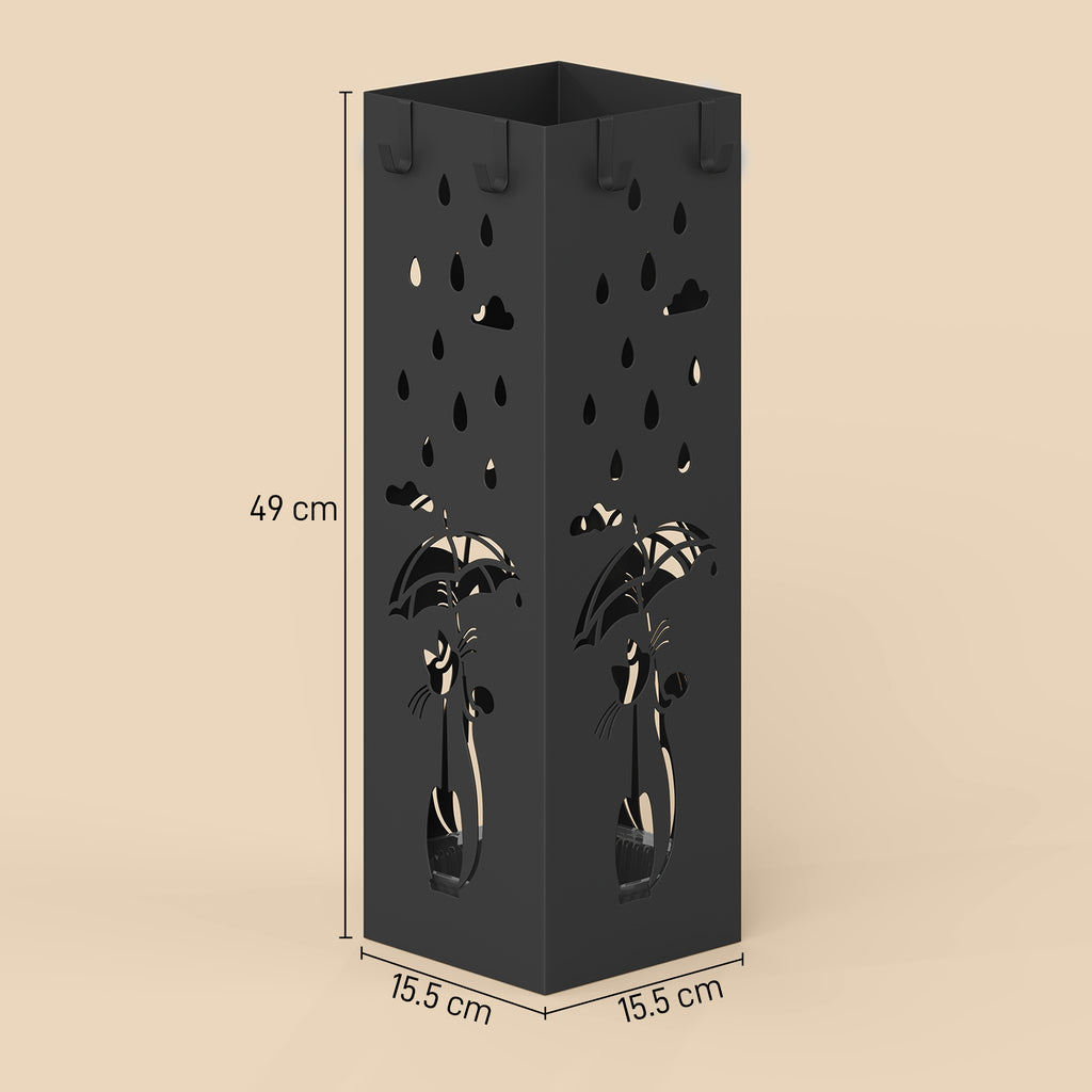 HOMCOM Modern Umbrella Stand with Drip Tray and Metal Hooks, 15.5x15.5x49 cm, Black