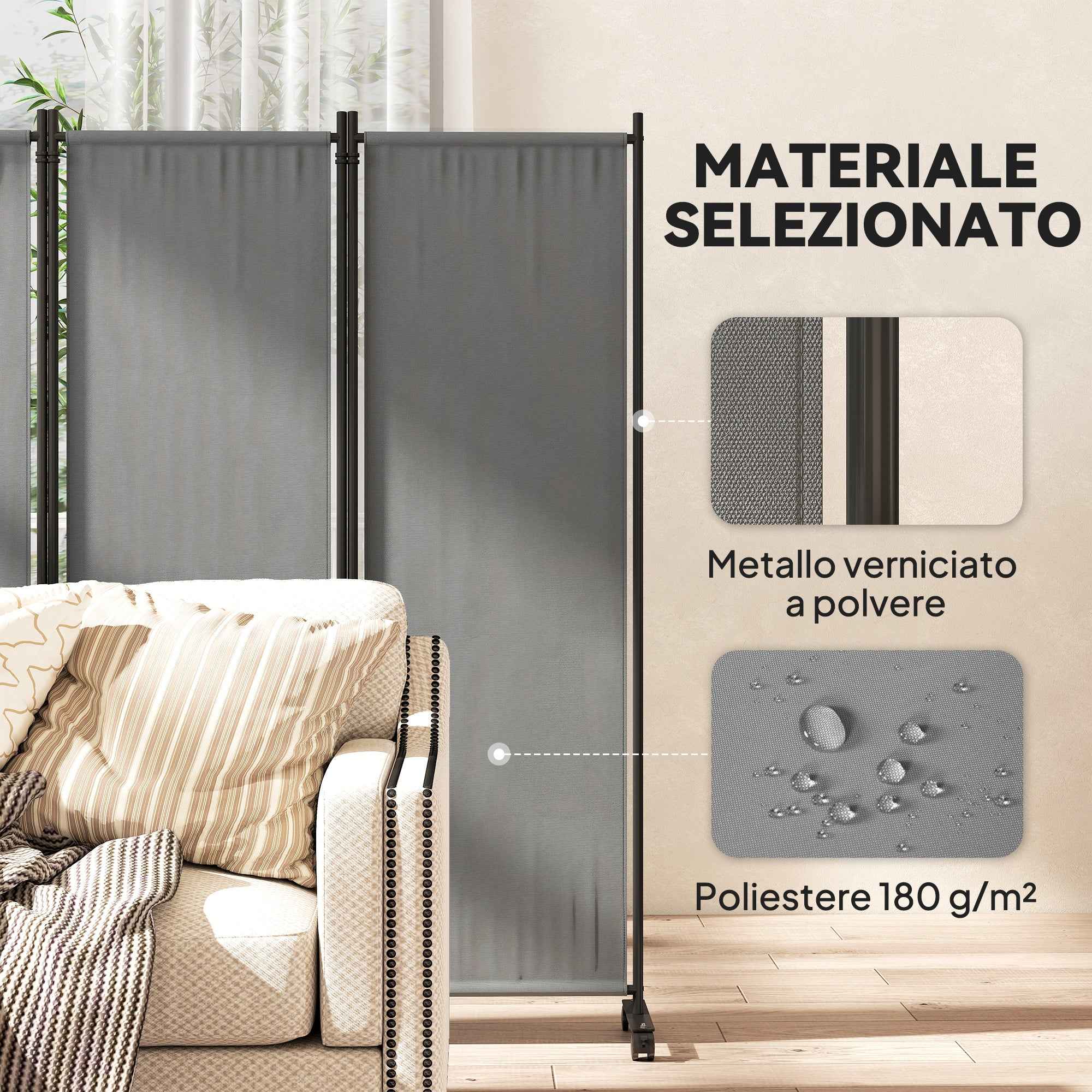 Outsunny 4-Panel Folding Indoor and Outdoor Screen with Wheels, 221 x 50 x 172 cm, Dark Grey