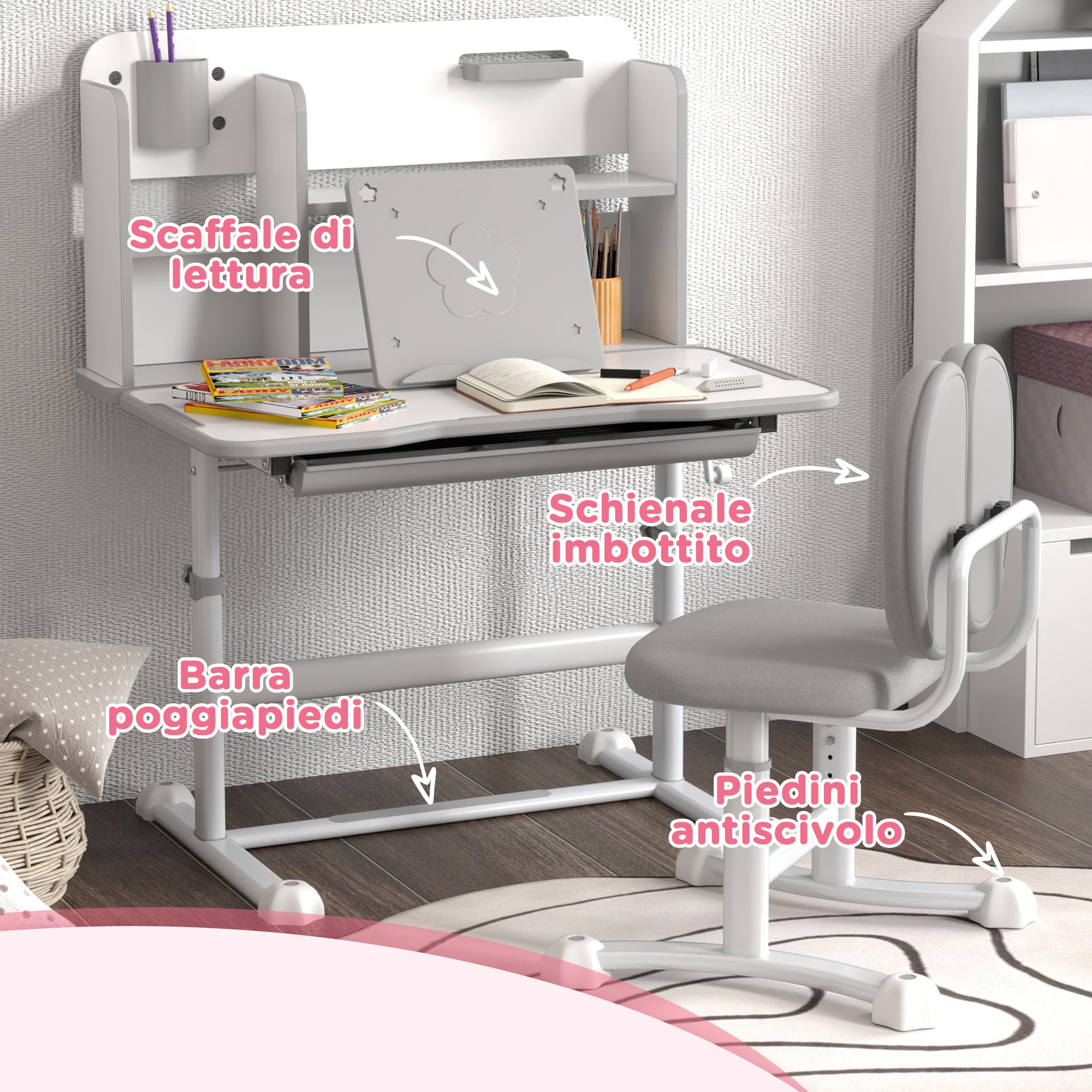 Adjustable Children's Desk and Chair Set, School Desk with Tiltable Top, Drawer, Shelf, Grey
