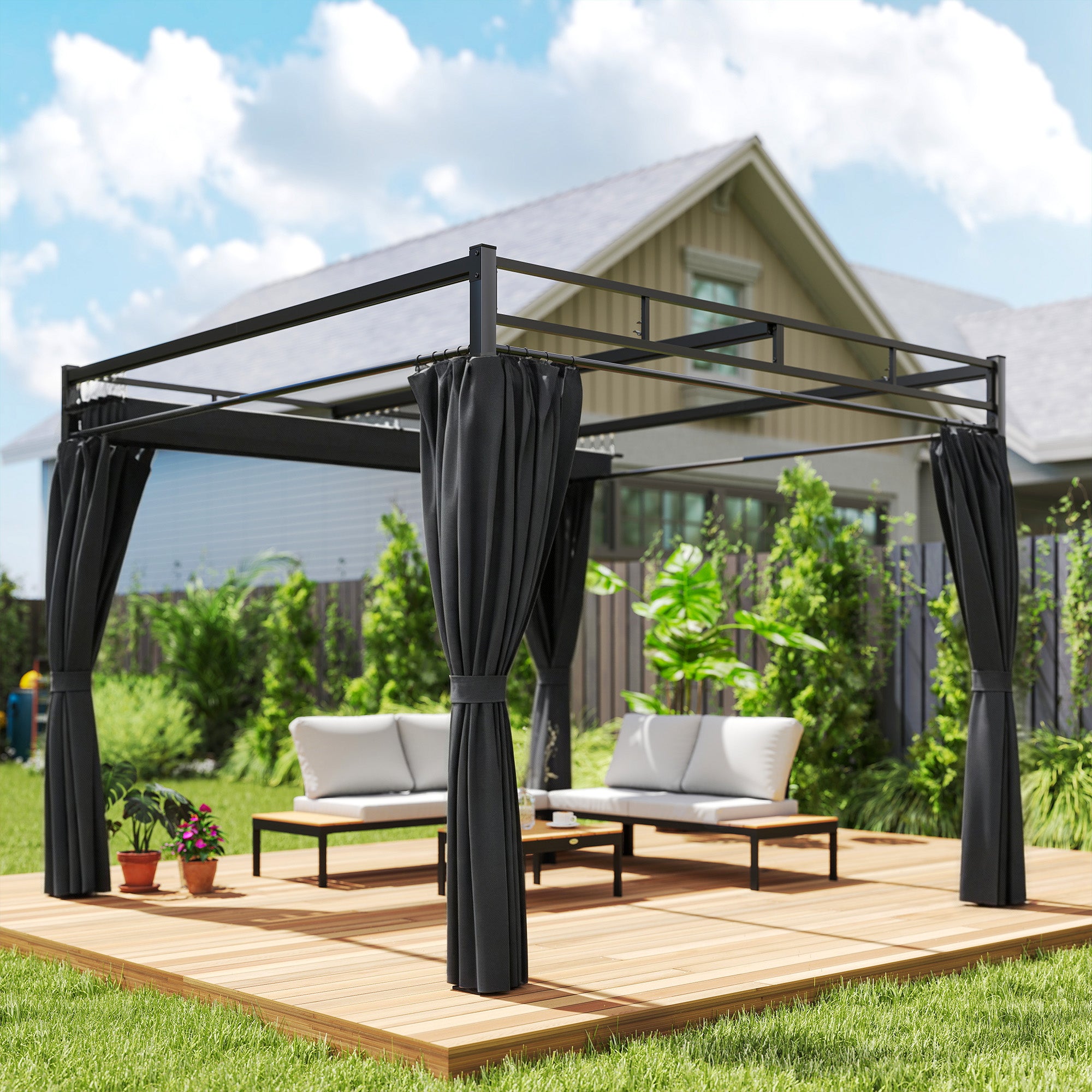 Outsunny Pergola Gazebo 3x3 m with Sliding Roof UV30+ and 4 Side Walls, Dark Grey