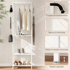2-Tier Coat Rack with Shoe Rack, Clothes Rail, 4 Hooks, Top Shelf, 52x30x180 cm, White