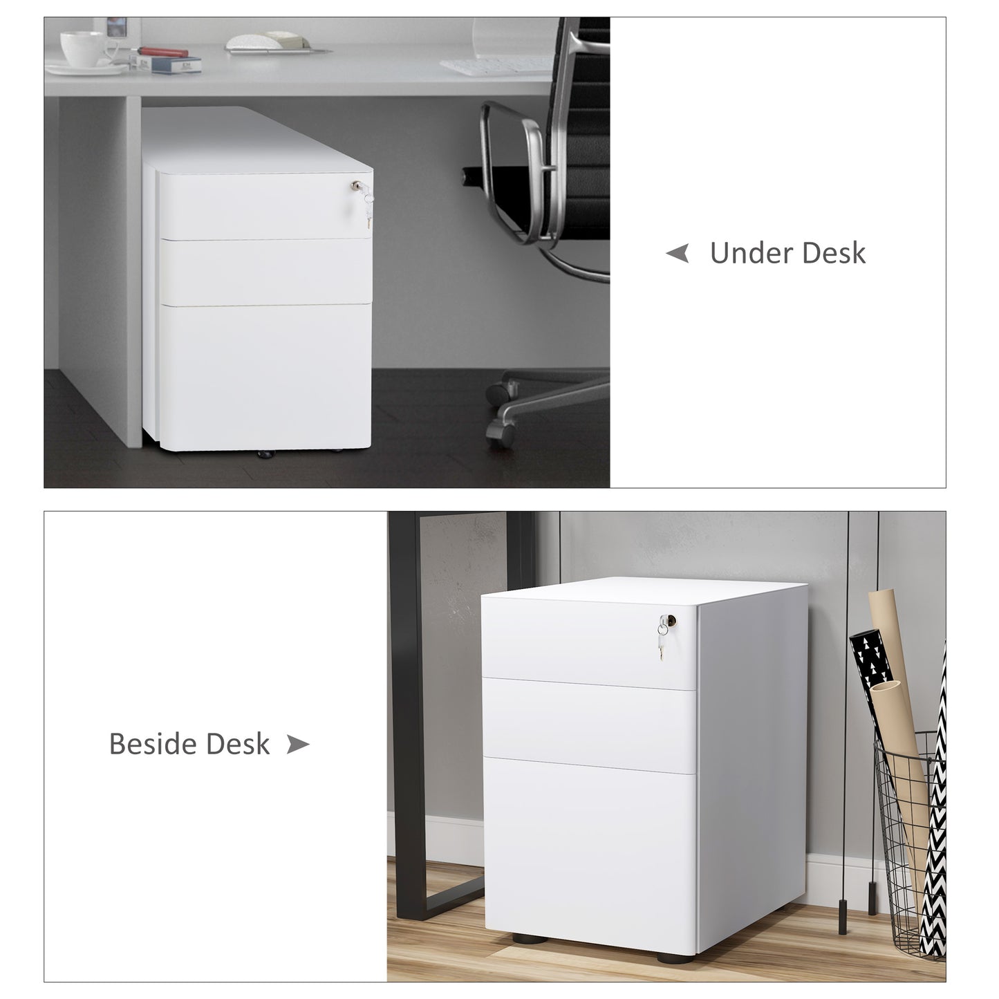 Office drawer winner 3 steel drawers with lock and wheels, 39x48x59cm, white - Borgè