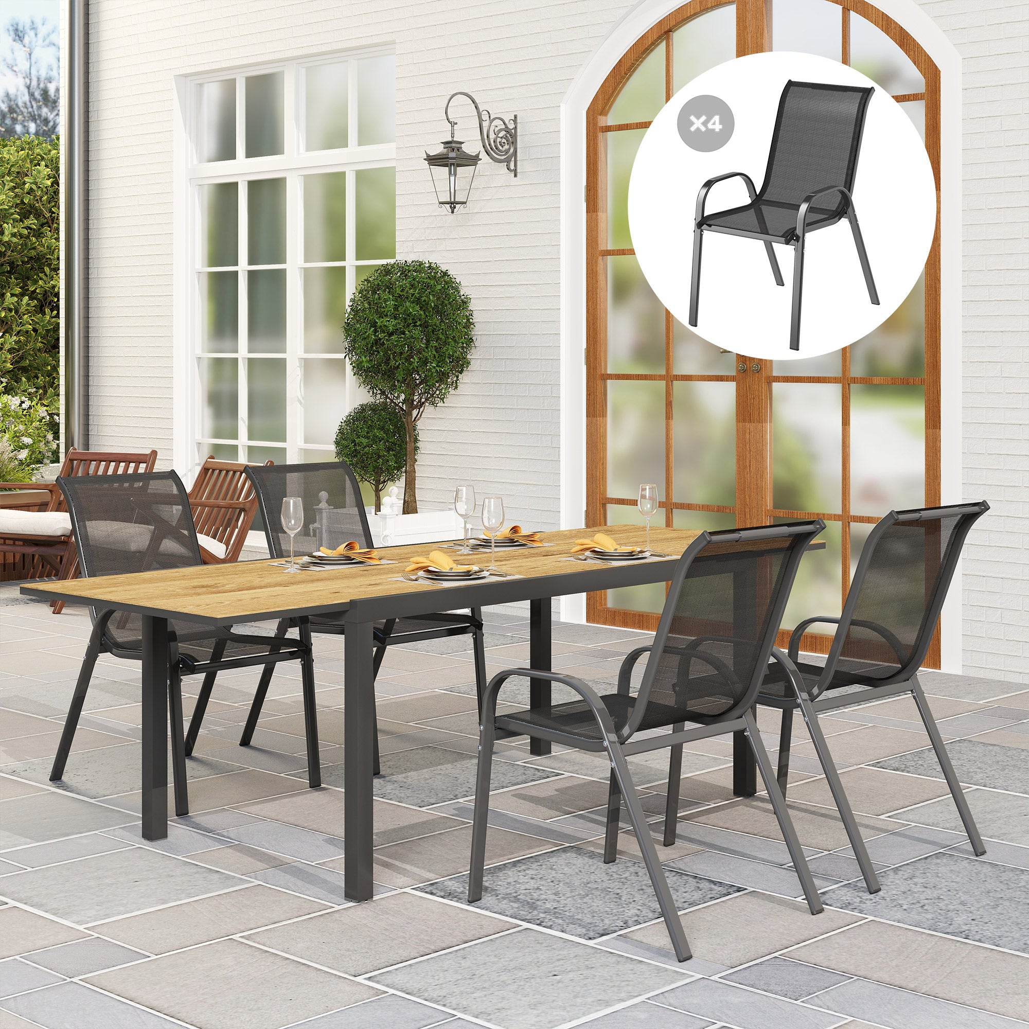 Set of 4 Stackable Garden Chairs in Steel and Breathable Mesh Fabric, 54x71x93 cm, Black