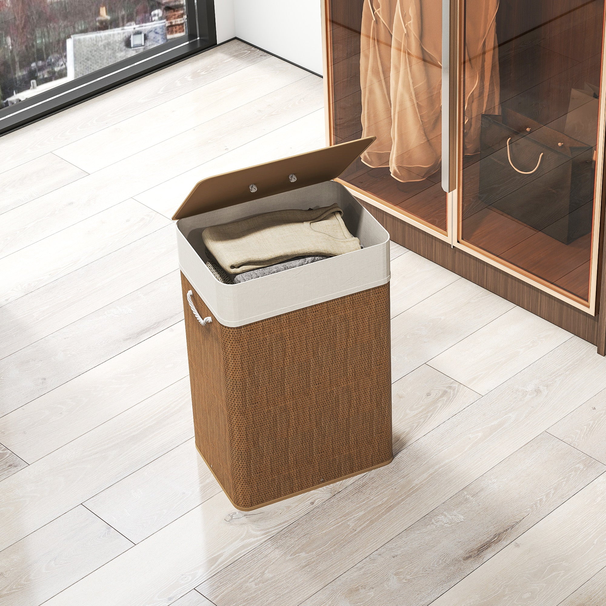 72L Laundry Hamper with Bamboo Lid, Rope Handles and Removable Bag, Brown
