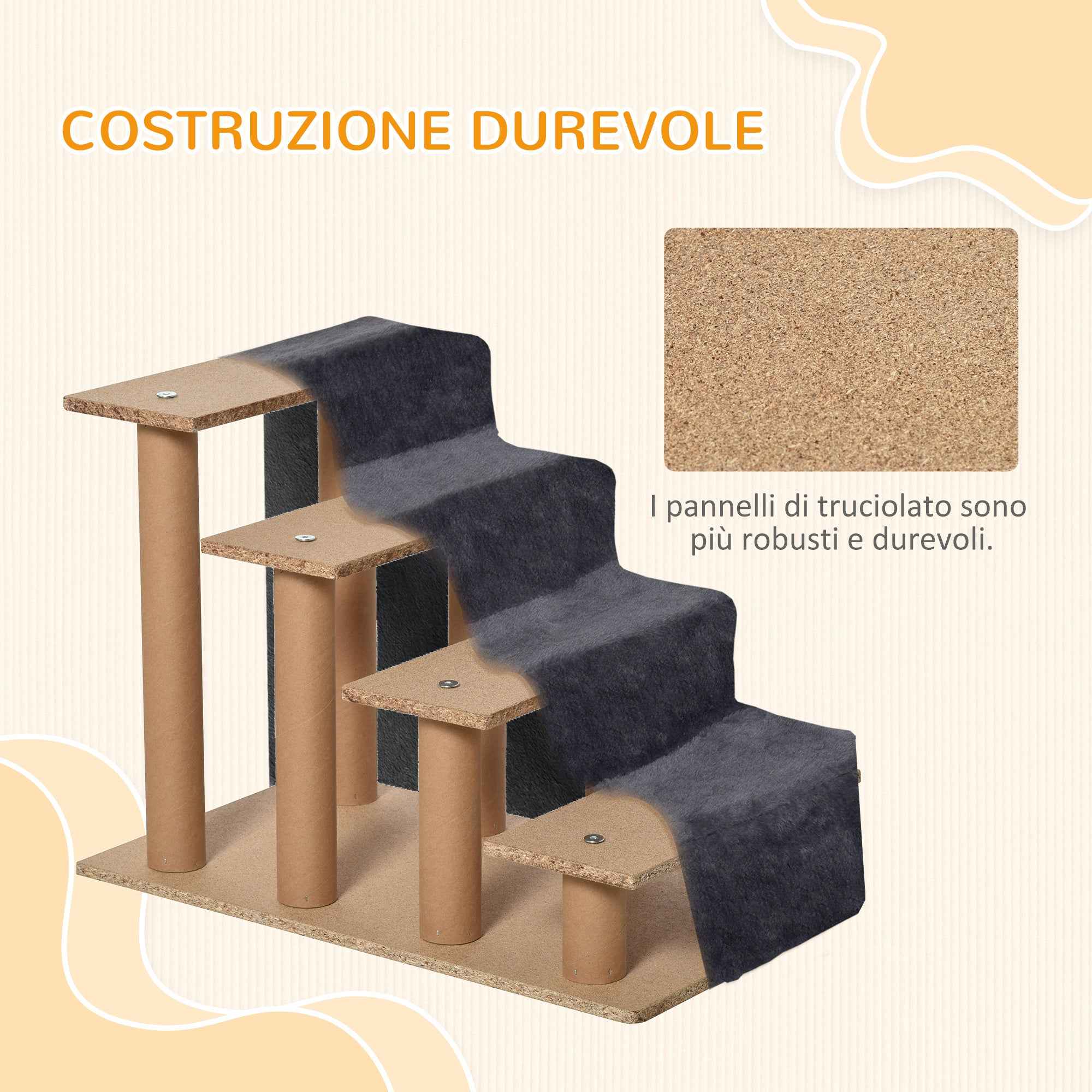 PawHut Portable 4-Step Dog Stairs, Removable Velvet Fabric and Wood, 60x35x44 cm, Dark Grey