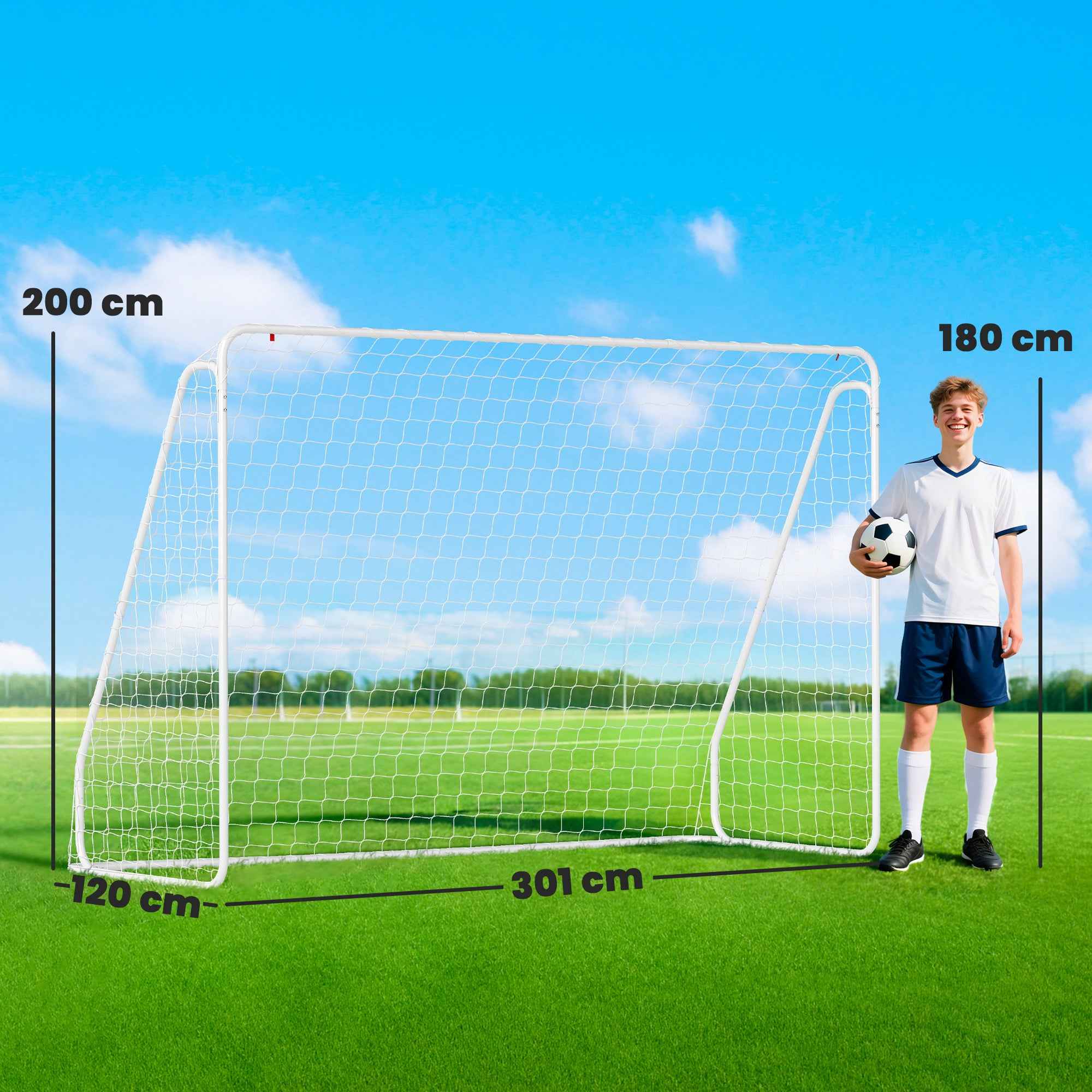 HOMCOM Football Goal for Garden and Park with 6 U-Shaped Pegs, in PE and Epoxy Metal, 301x120x200 cm, White