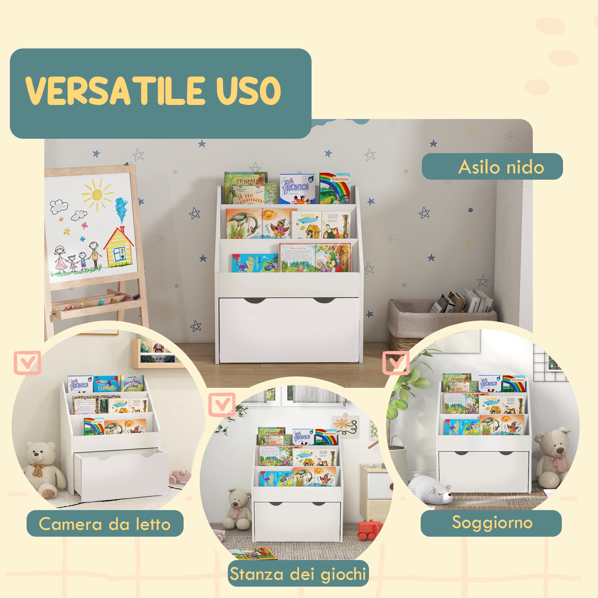 Children's Bookcase for 3-8 Years Old, 3-Tier, with Lower Drawer, MDF, 62.5x30x70 cm, White