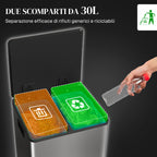 30L 2-Section Pedal Bin with Silent Lid, Stainless Steel and PP, 47.7x37. 5x66. 8 cm
