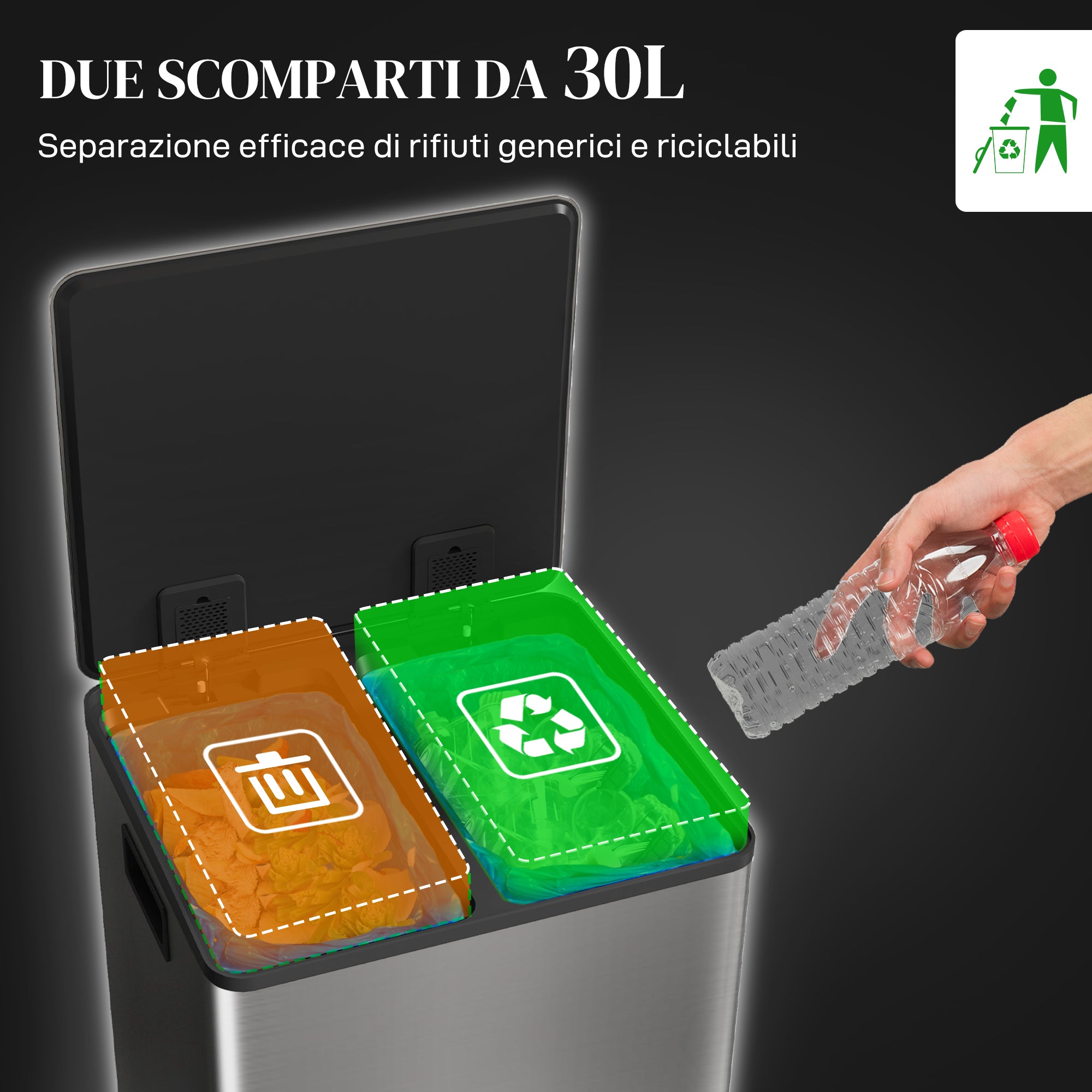 30L 2-Section Pedal Bin with Silent Lid, Stainless Steel and PP, 47.7x37. 5x66. 8 cm