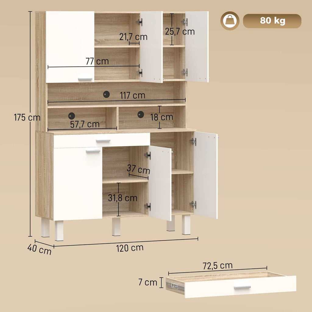 HOMCOM Kitchen Sideboard with Open Shelves, 4 Cabinets and Drawer, in Wood and Metal, 120x40x175 cm, White and Wood