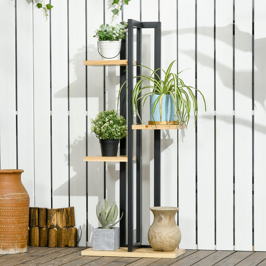 Industrial Style 4-Tier Plant Rack in Fir Wood and Metal, 45x25x110 cm, Black and Wood Color