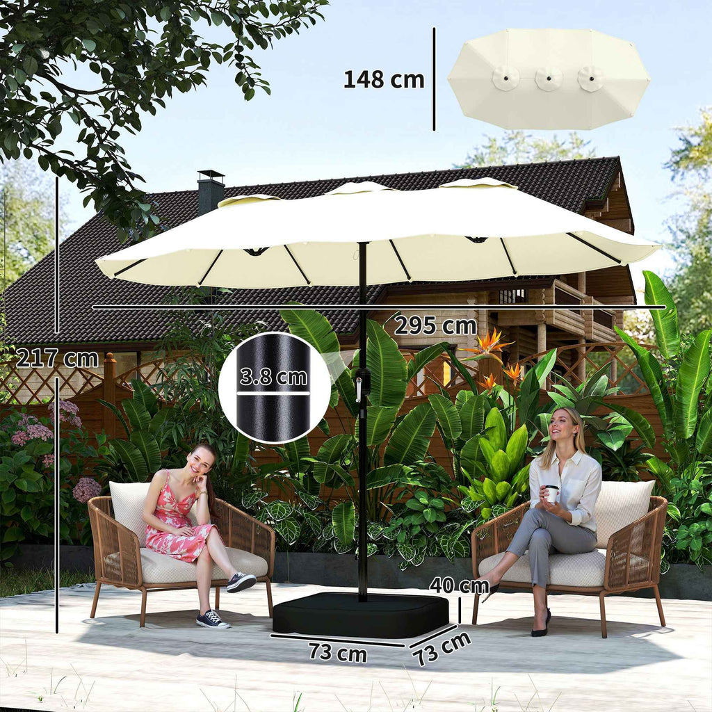 Outsunny 12-Ribbed Double Umbrella with Crank Handle, Cross Base and Bags, Metal and Polyester, 3x1.5 m, Beige