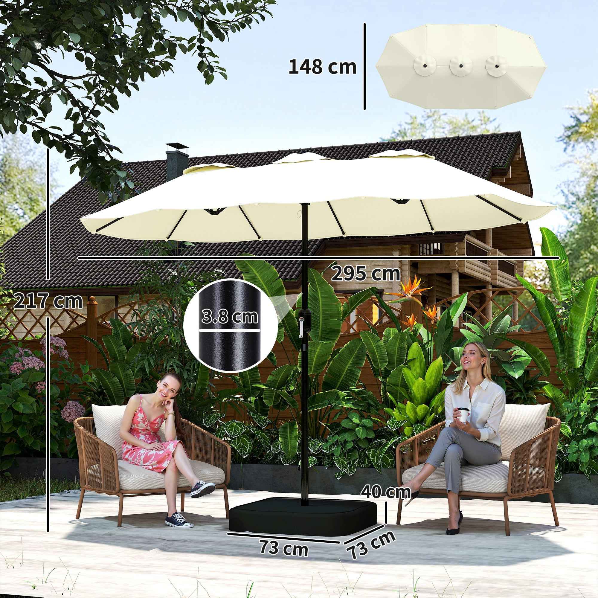 Outsunny 12-Ribbed Double Umbrella with Crank Handle, Cross Base and Bags, Metal and Polyester, 3x1.5 m, Beige