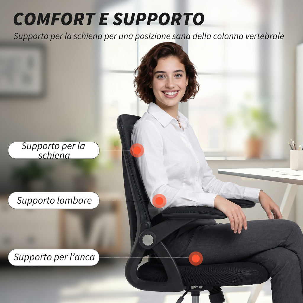 HOMCOM Ergonomic Swivel Office Chair with Flip-Up Armrests, Height-Adjustable, Breathable Mesh, Black