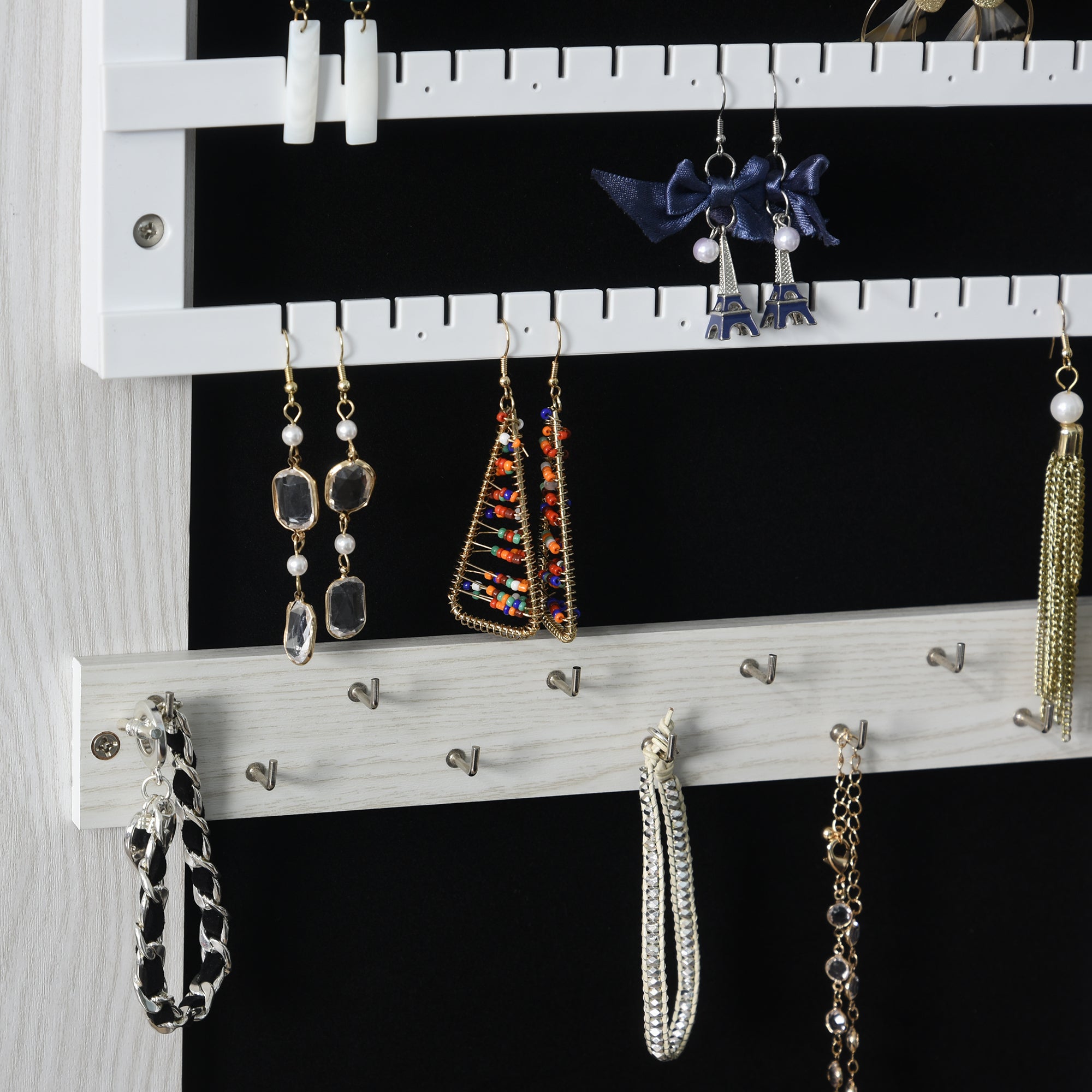 LED Jewellery Mirror with 4 Shelves and Storage Spaces, in Wood and Glass, 15x15x61.75 cm, White