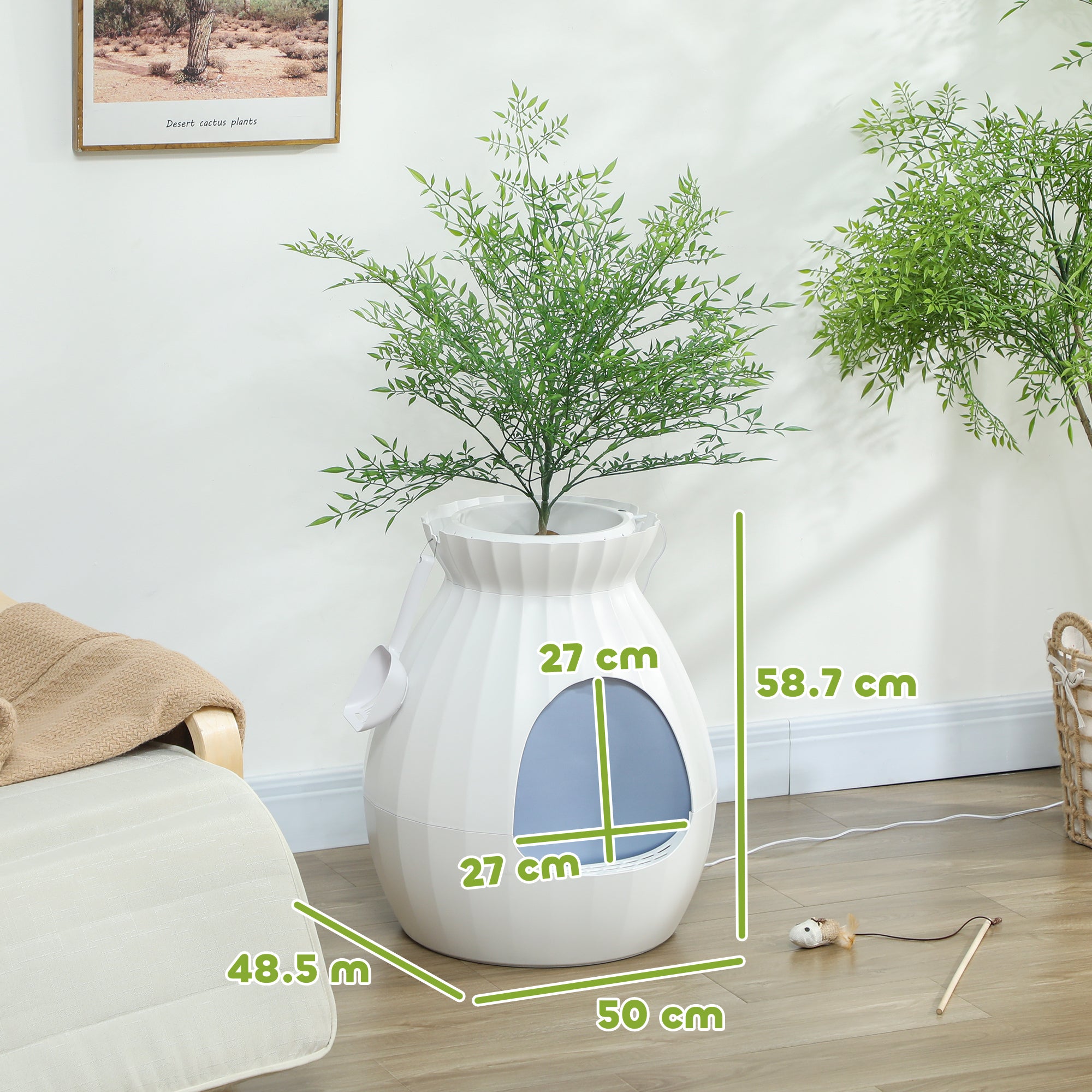 Odor-Resistant Cat Litter Box with Scoop, Pot-Shaped, Made of ABS and Stainless Steel, 50x48.5x58.7 cm, White